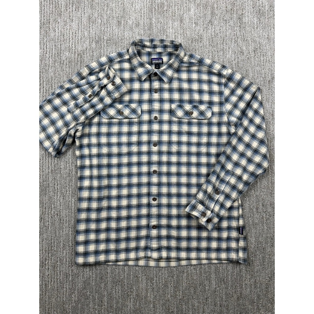 Patagonia Fjord Flannel Shirt Mens L‎ Blue Plaid Organic Cotton Long Sleeve
